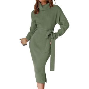ZESICA Women’s Turtleneck Sweater Midi Dress Long Sleeve Ribbed Knit Bodycon Slit Dress with Belt(Armygreen)