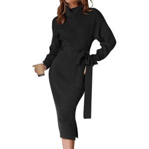 ZESICA Women’s Turtleneck Sweater Midi Dress Long Sleeve Ribbed Knit Bodycon Slit Dress with Belt(Black)