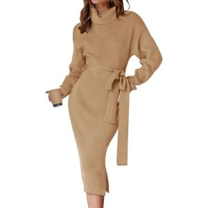ZESICA Women’s Turtleneck Sweater Midi Dress Long Sleeve Ribbed Knit Bodycon Slit Dress with Belt(Camel)