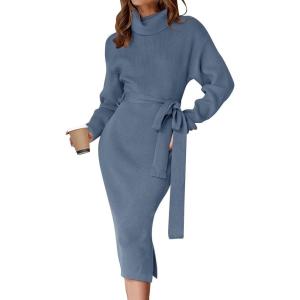 ZESICA Women’s Turtleneck Sweater Midi Dress Long Sleeve Ribbed Knit Bodycon Slit Dress with Belt(Dustyblue)