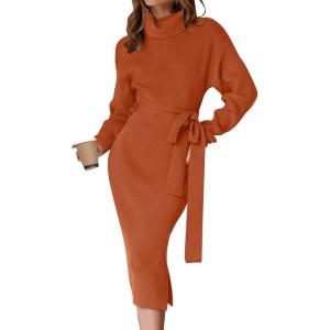 ZESICA Women’s Turtleneck Sweater Midi Dress Long Sleeve Ribbed Knit Bodycon Slit Dress with Belt(Maple)