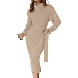 ZESICA Women’s Turtleneck Sweater Midi Dress Long Sleeve Ribbed Knit Bodycon Slit Dress with Belt(Oatmeal)