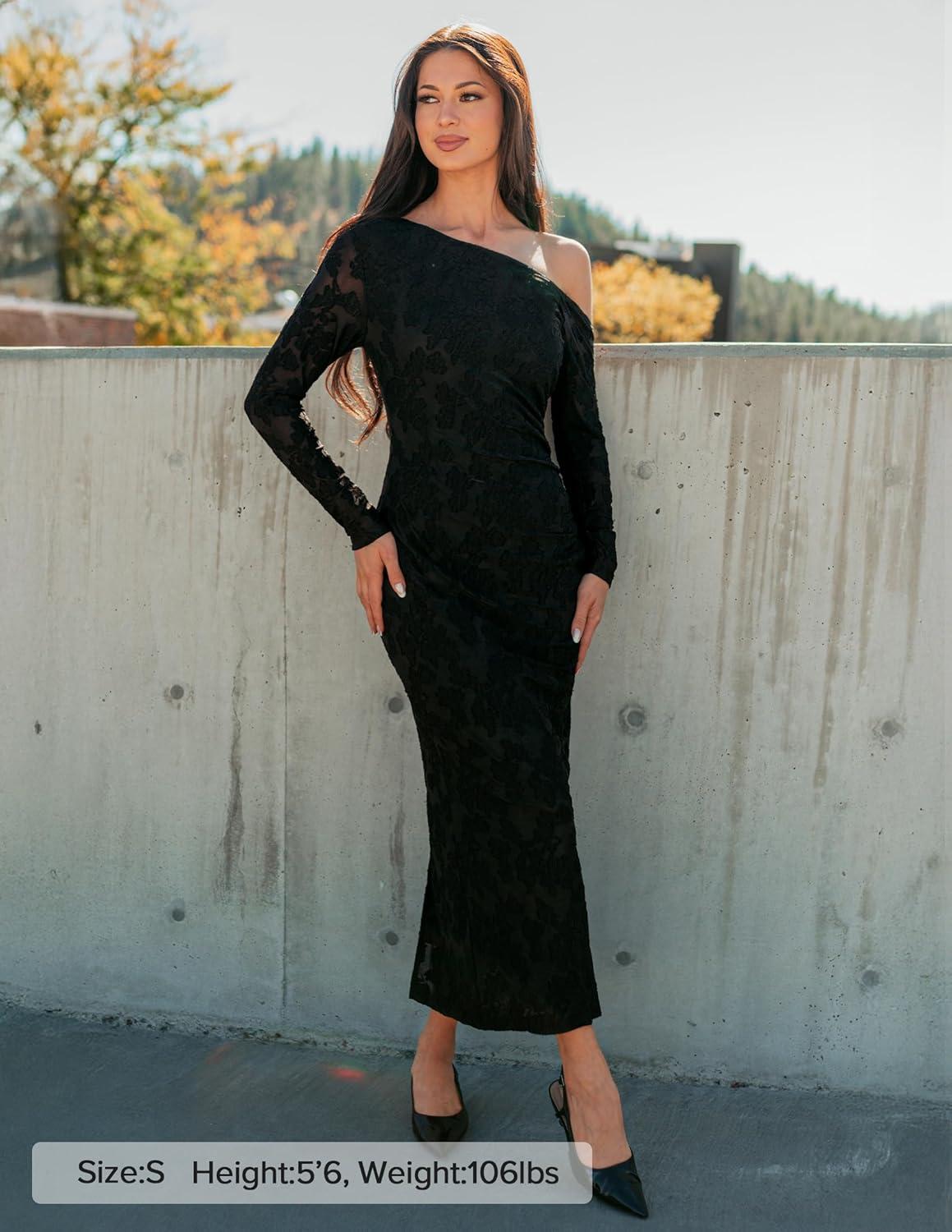 imageZESICA Womens Fall Floral Off Shoulder Bodycon Maxi Dresses 2026 Long Sleeve Ruched Elegant Cocktail Party DressBlack