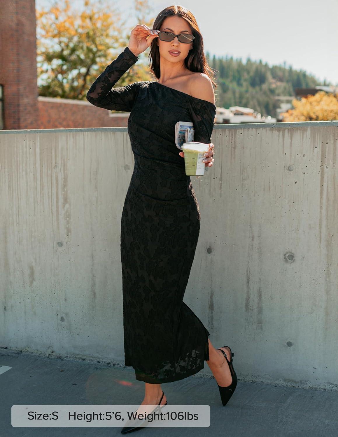 imageZESICA Womens Fall Floral Off Shoulder Bodycon Maxi Dresses 2026 Long Sleeve Ruched Elegant Cocktail Party DressBlack