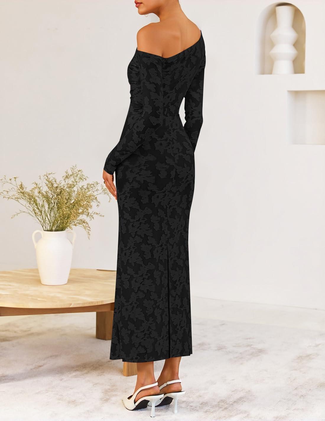 imageZESICA Womens Fall Floral Off Shoulder Bodycon Maxi Dresses 2026 Long Sleeve Ruched Elegant Cocktail Party DressBlack