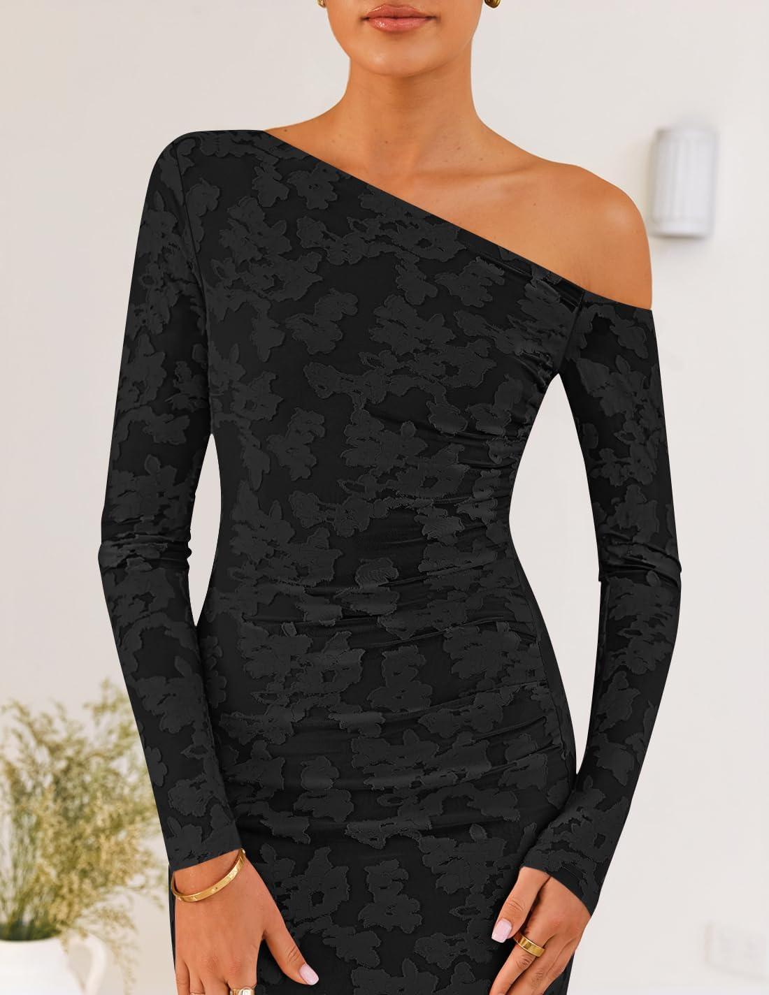 imageZESICA Womens Fall Floral Off Shoulder Bodycon Maxi Dresses 2026 Long Sleeve Ruched Elegant Cocktail Party DressBlack