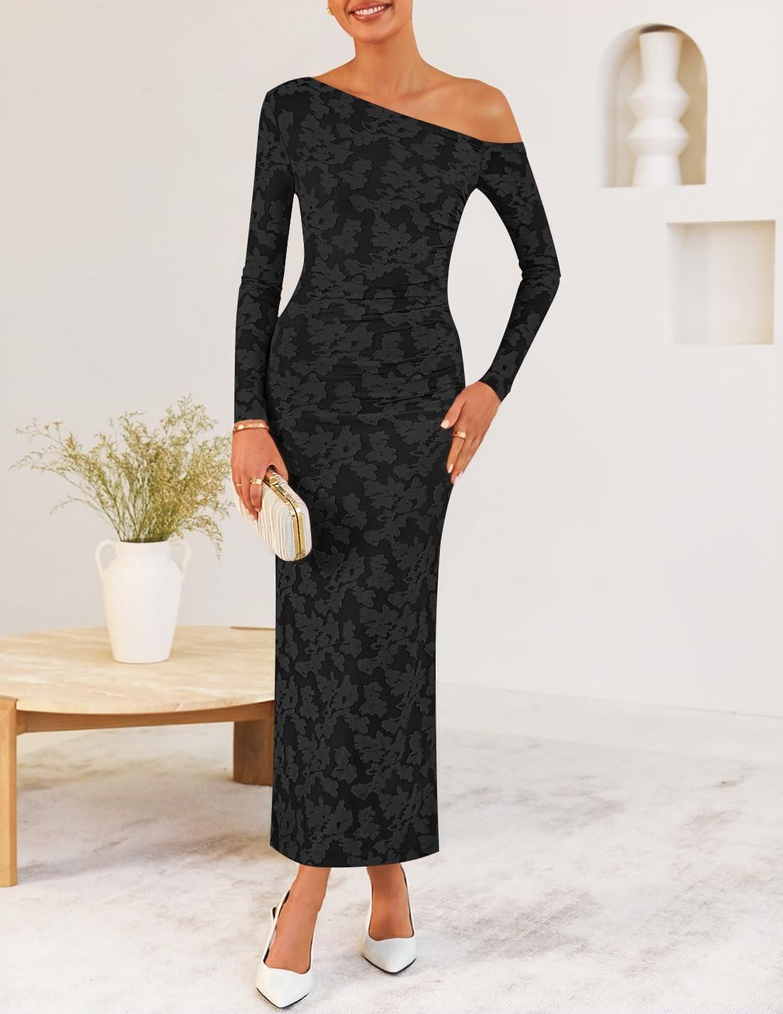 imageZESICA Womens Fall Floral Off Shoulder Bodycon Maxi Dresses 2026 Long Sleeve Ruched Elegant Cocktail Party DressBlack