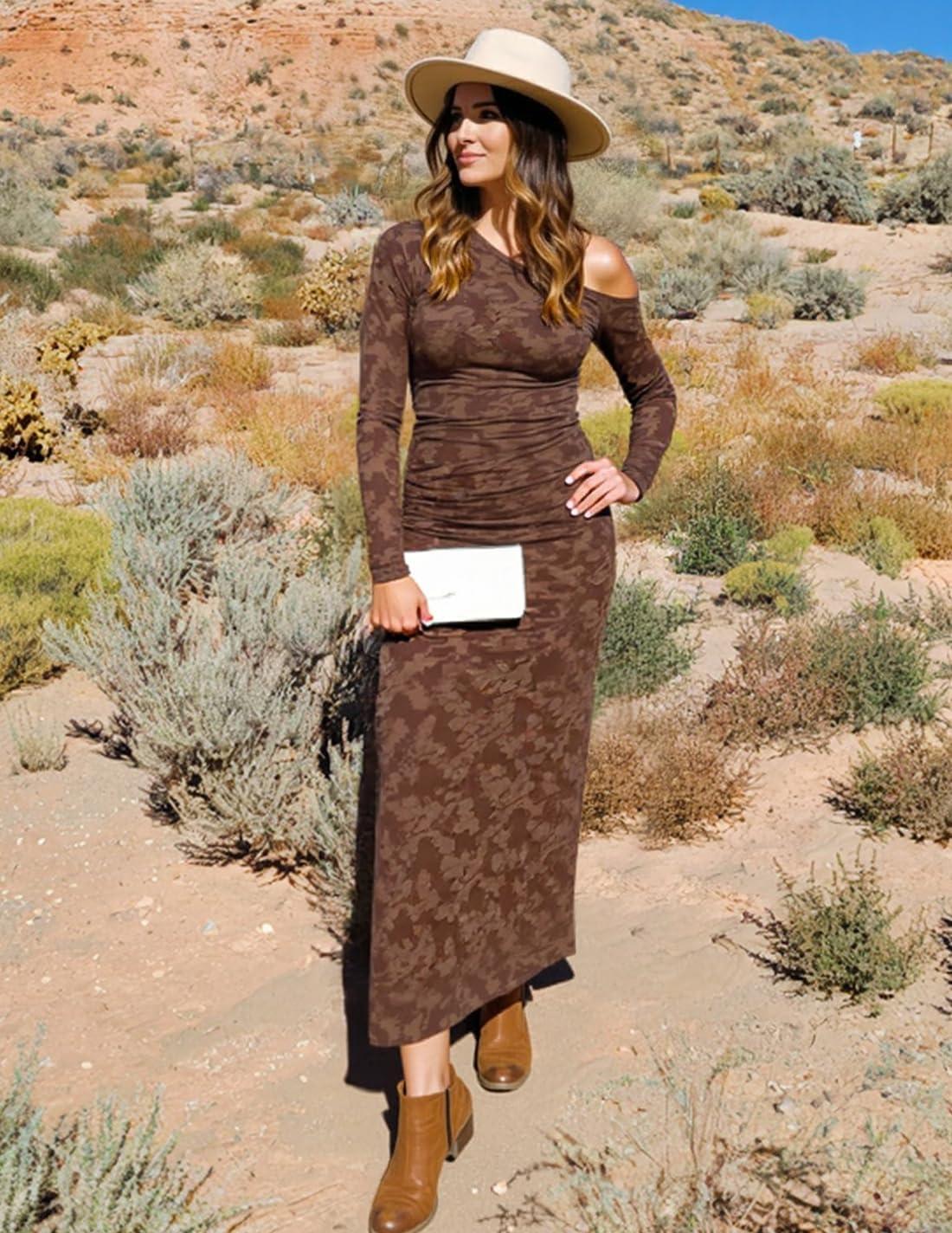 imageZESICA Womens Fall Floral Off Shoulder Bodycon Maxi Dresses 2026 Long Sleeve Ruched Elegant Cocktail Party DressBrown