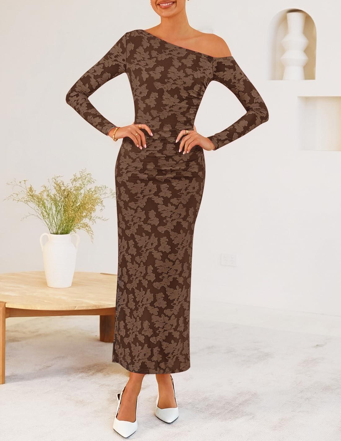 imageZESICA Womens Fall Floral Off Shoulder Bodycon Maxi Dresses 2026 Long Sleeve Ruched Elegant Cocktail Party DressBrown