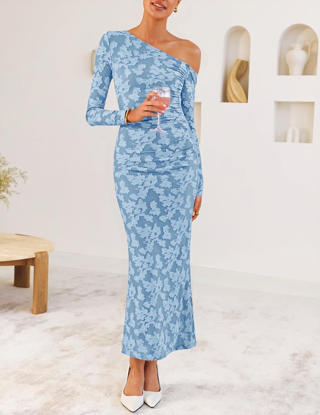imageZESICA Womens Fall Floral Off Shoulder Bodycon Maxi Dresses 2026 Long Sleeve Ruched Elegant Cocktail Party DressDustyblue