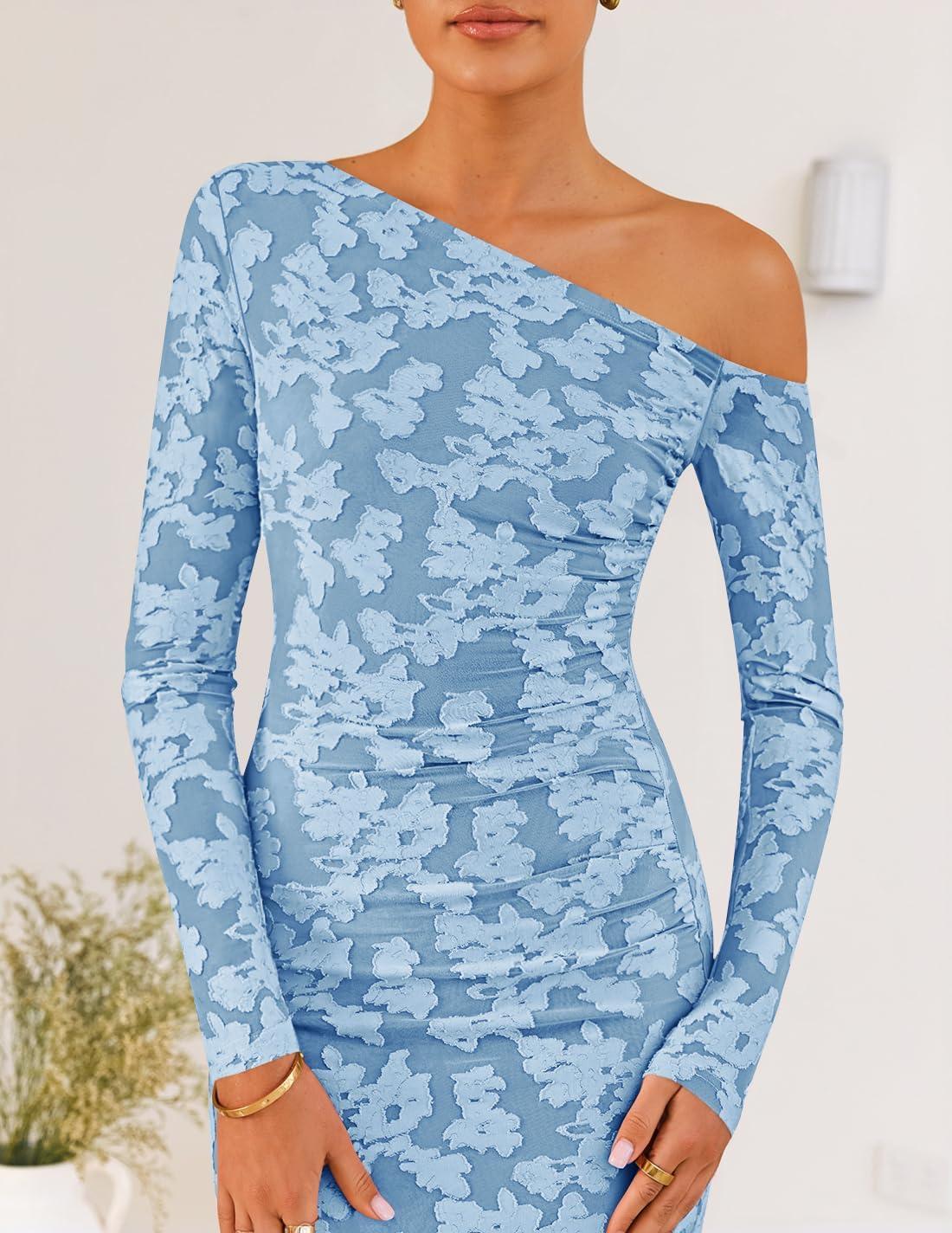 imageZESICA Womens Fall Floral Off Shoulder Bodycon Maxi Dresses 2026 Long Sleeve Ruched Elegant Cocktail Party DressDustyblue