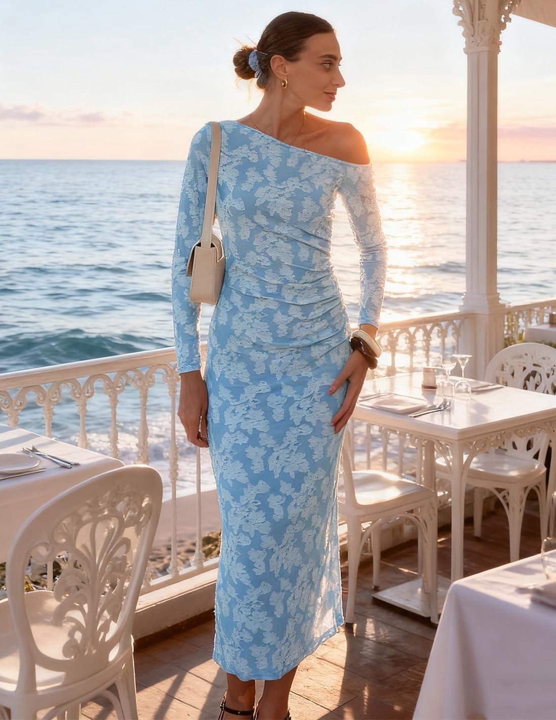 imageZESICA Womens Fall Floral Off Shoulder Bodycon Maxi Dresses 2026 Long Sleeve Ruched Elegant Cocktail Party DressDustyblue