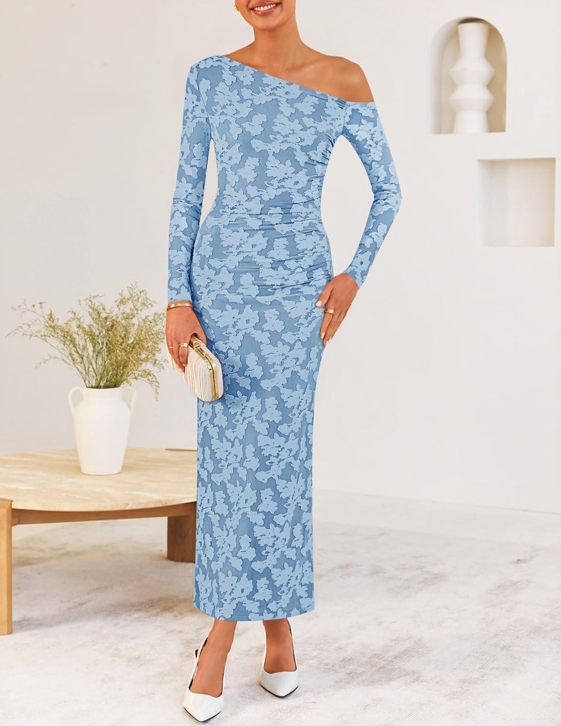 imageZESICA Womens Fall Floral Off Shoulder Bodycon Maxi Dresses 2026 Long Sleeve Ruched Elegant Cocktail Party DressDustyblue