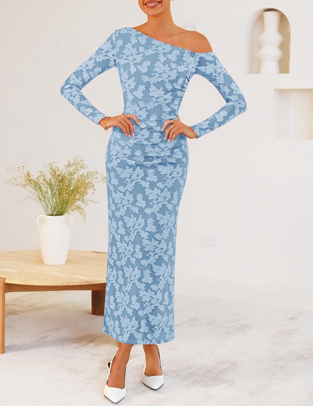 imageZESICA Womens Fall Floral Off Shoulder Bodycon Maxi Dresses 2026 Long Sleeve Ruched Elegant Cocktail Party DressDustyblue