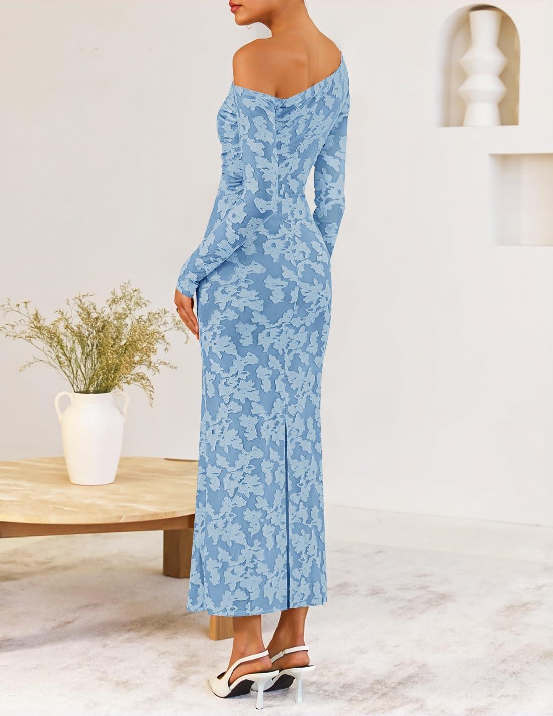 imageZESICA Womens Fall Floral Off Shoulder Bodycon Maxi Dresses 2026 Long Sleeve Ruched Elegant Cocktail Party DressDustyblue