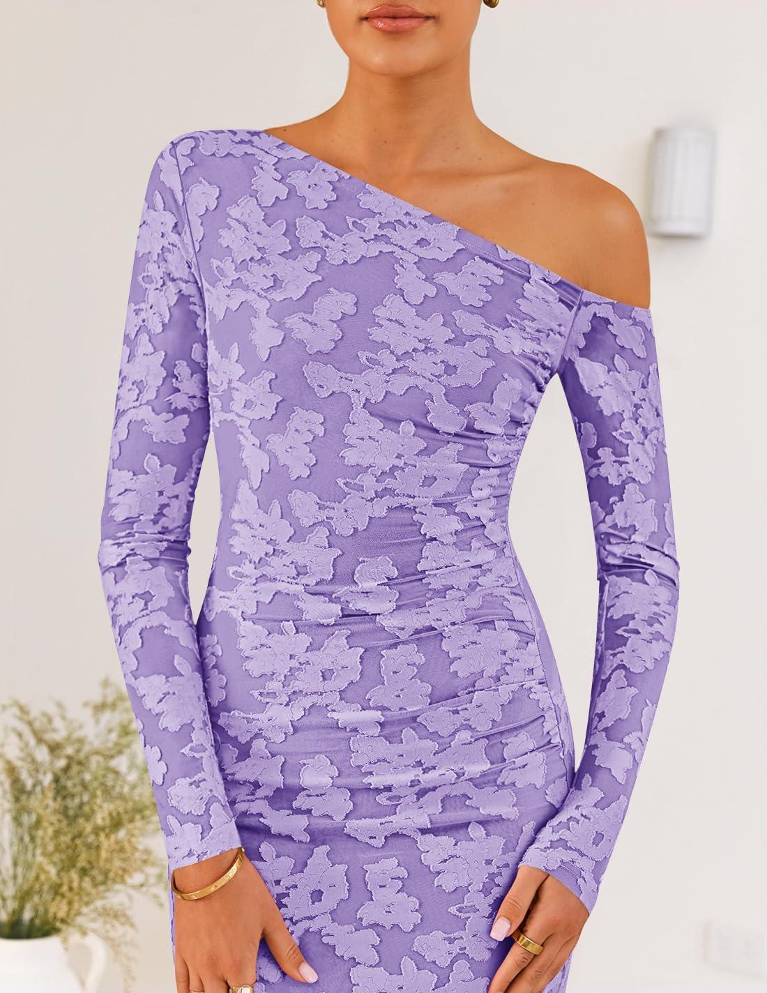 imageZESICA Womens Fall Floral Off Shoulder Bodycon Maxi Dresses 2026 Long Sleeve Ruched Elegant Cocktail Party DressPurple
