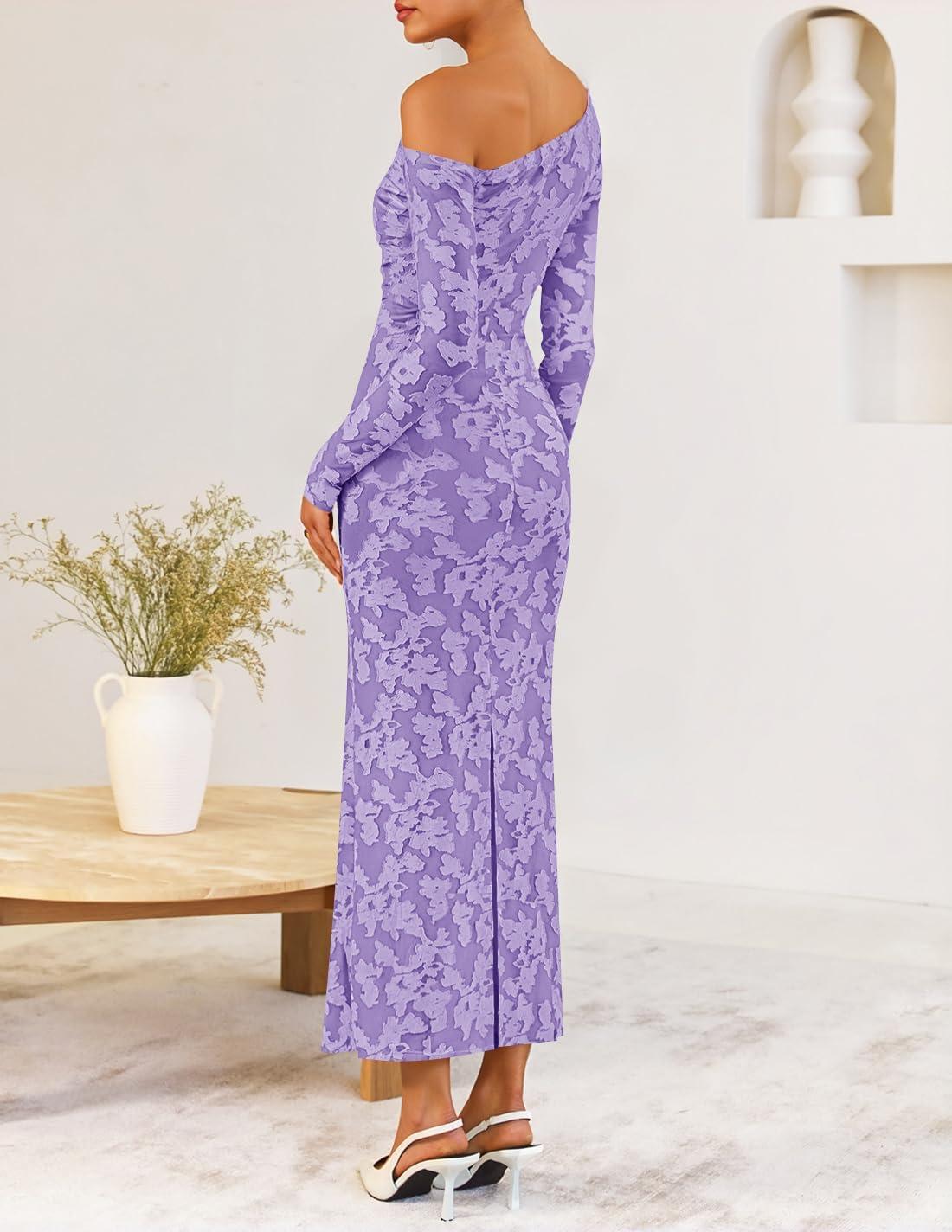 imageZESICA Womens Fall Floral Off Shoulder Bodycon Maxi Dresses 2026 Long Sleeve Ruched Elegant Cocktail Party DressPurple