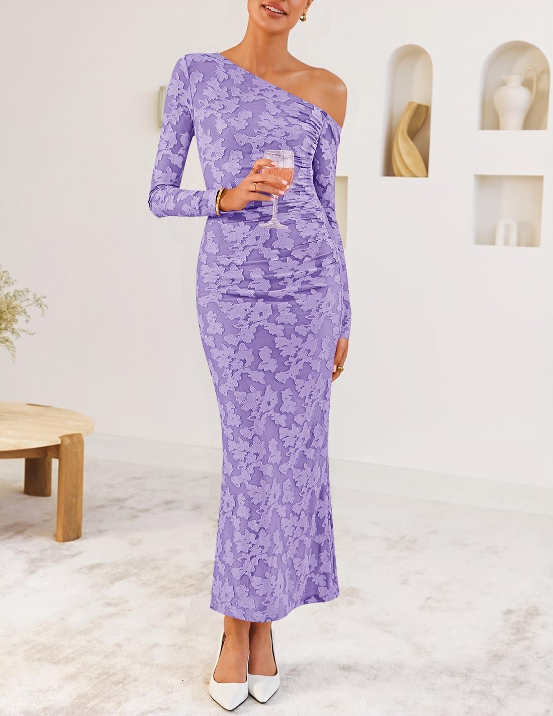 imageZESICA Womens Fall Floral Off Shoulder Bodycon Maxi Dresses 2026 Long Sleeve Ruched Elegant Cocktail Party DressPurple