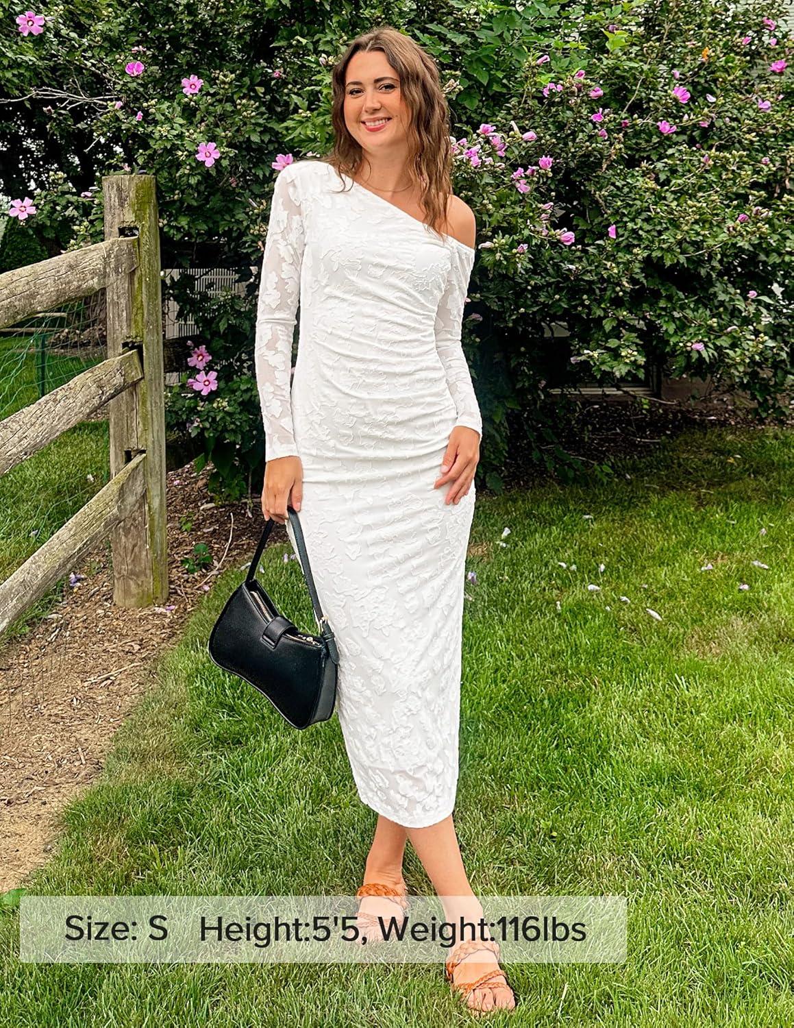 imageZESICA Womens Fall Floral Off Shoulder Bodycon Maxi Dresses 2026 Long Sleeve Ruched Elegant Cocktail Party DressWhite