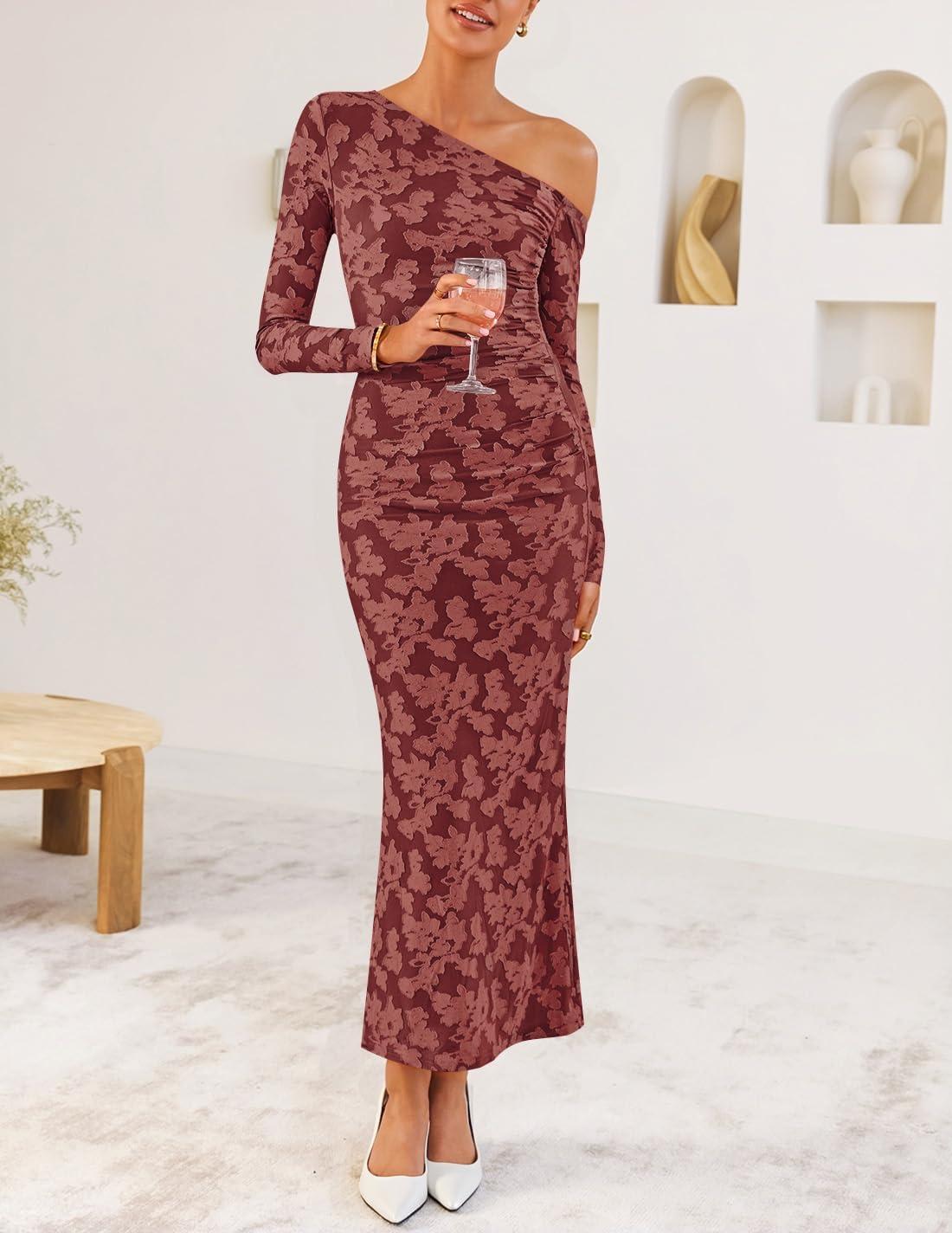 imageZESICA Womens Fall Floral Off Shoulder Bodycon Maxi Dresses 2026 Long Sleeve Ruched Elegant Cocktail Party DressWinered