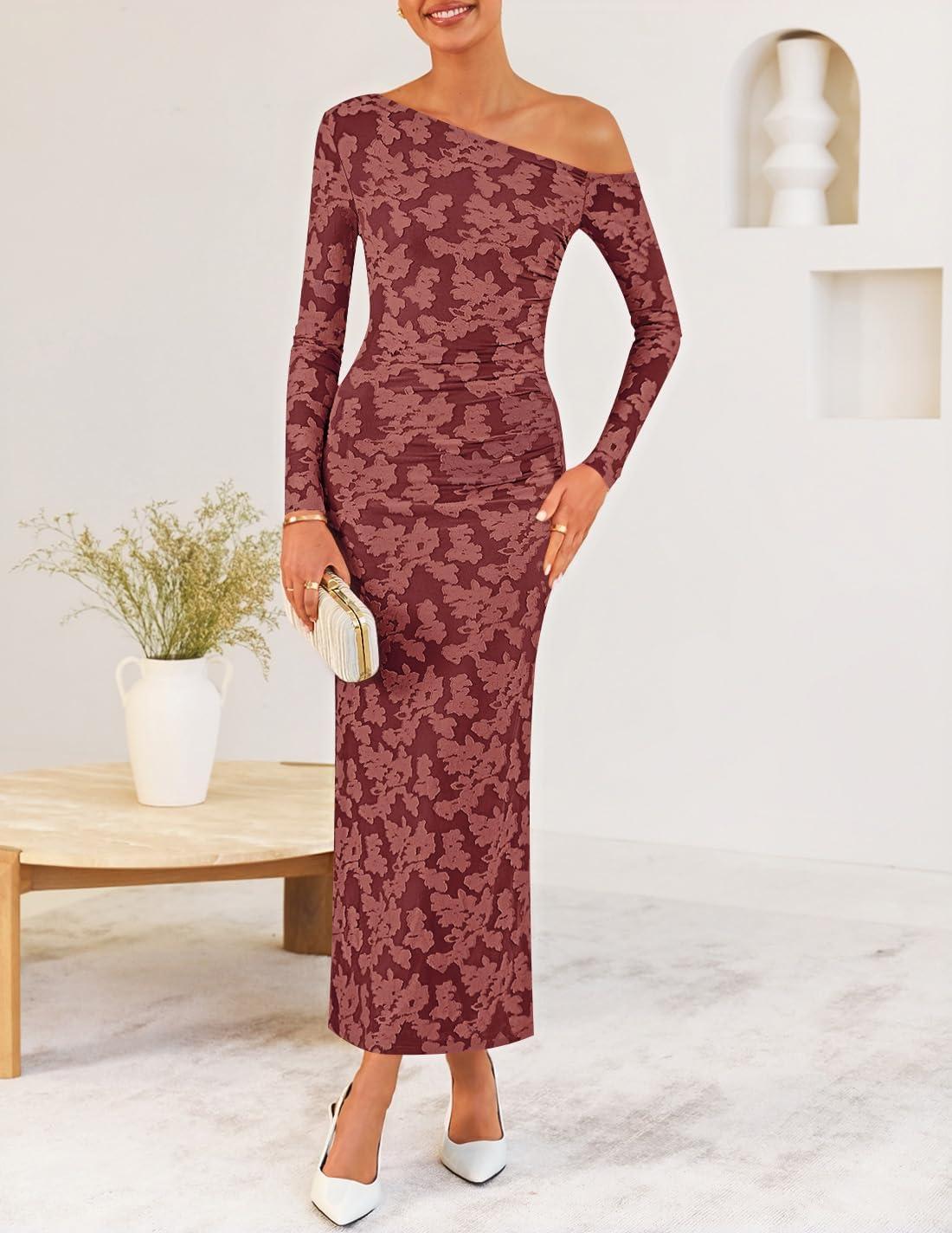 imageZESICA Womens Fall Floral Off Shoulder Bodycon Maxi Dresses 2026 Long Sleeve Ruched Elegant Cocktail Party DressWinered
