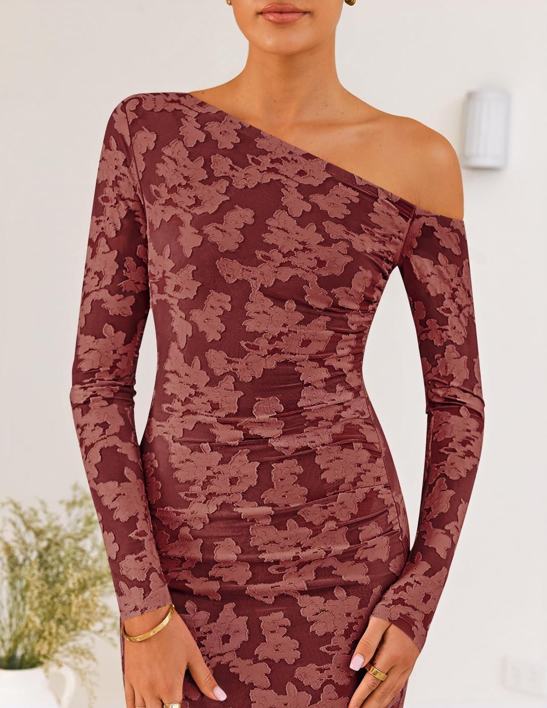 imageZESICA Womens Fall Floral Off Shoulder Bodycon Maxi Dresses 2026 Long Sleeve Ruched Elegant Cocktail Party DressWinered