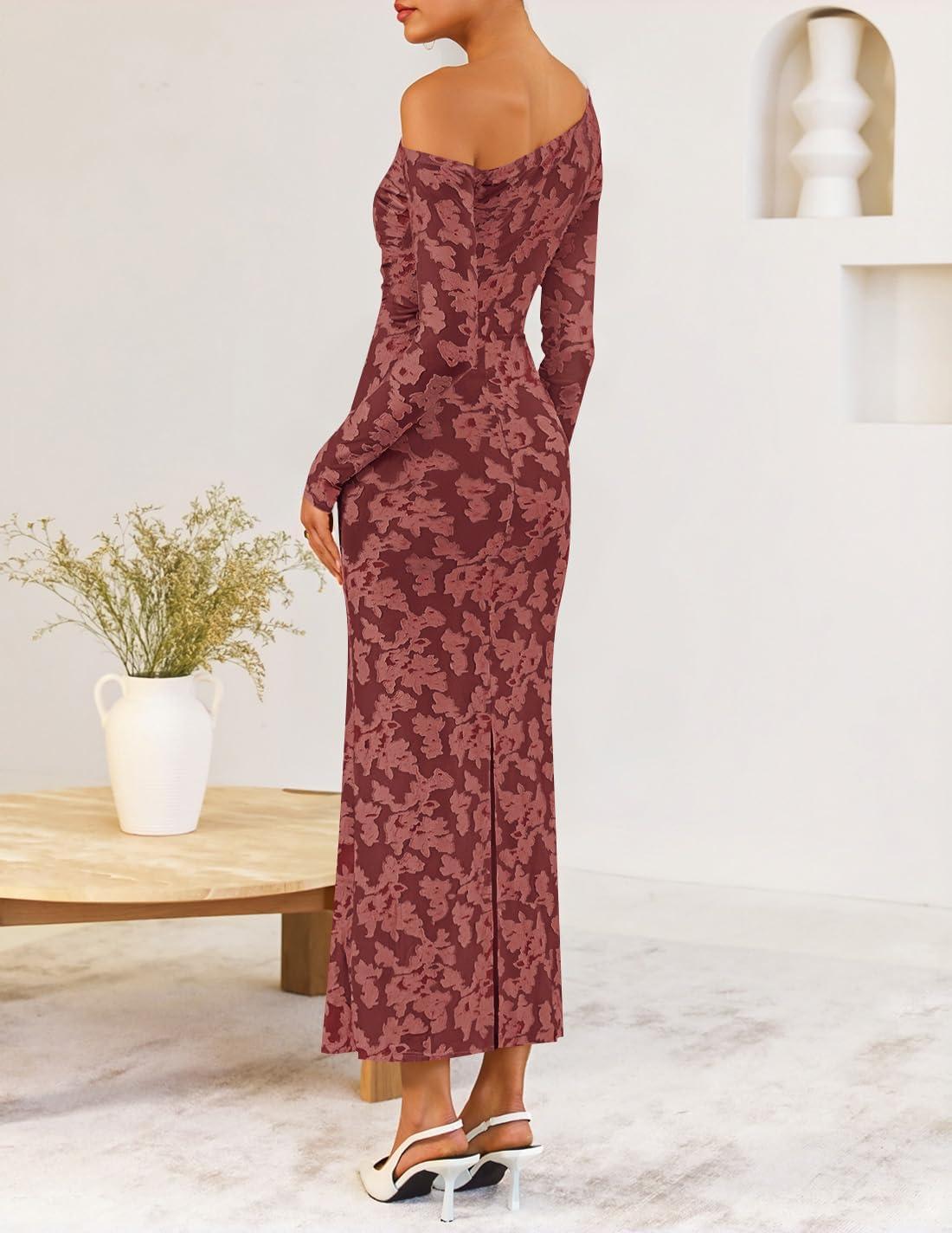 imageZESICA Womens Fall Floral Off Shoulder Bodycon Maxi Dresses 2026 Long Sleeve Ruched Elegant Cocktail Party DressWinered