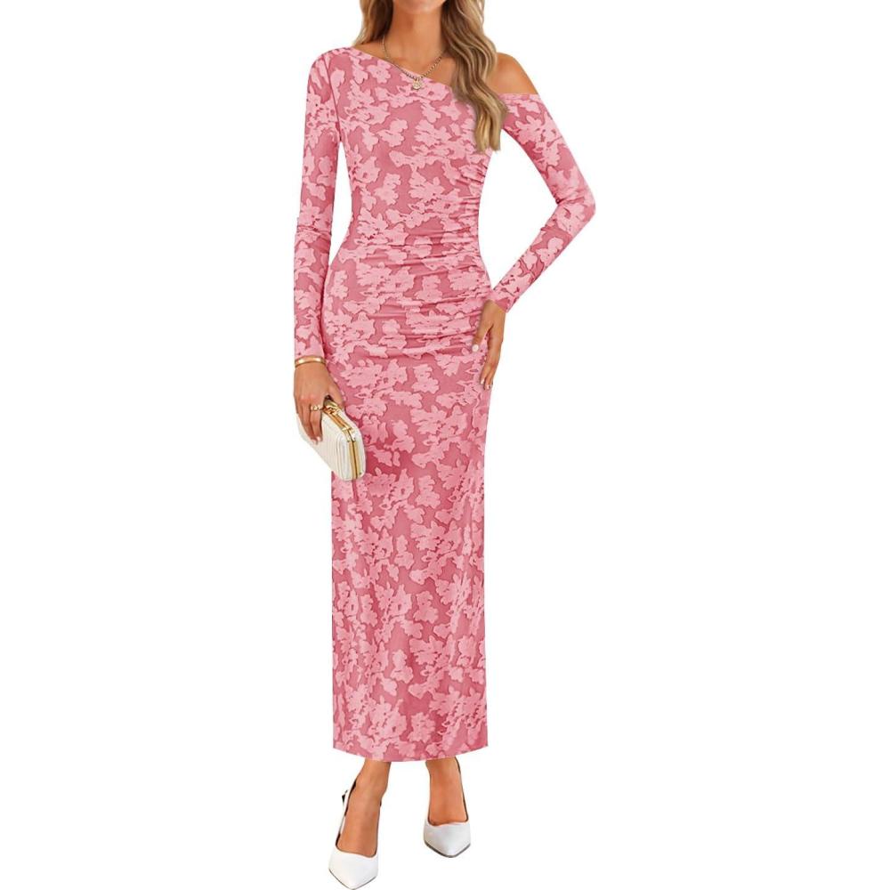 imageZESICA Womens Fall Floral Off Shoulder Bodycon Maxi Dresses 2026 Long Sleeve Ruched Elegant Cocktail Party DressPink