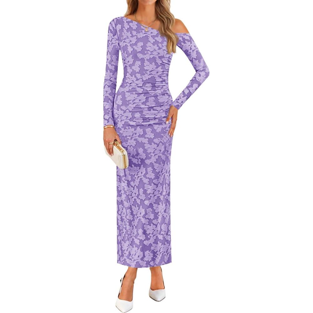 imageZESICA Womens Fall Floral Off Shoulder Bodycon Maxi Dresses 2026 Long Sleeve Ruched Elegant Cocktail Party DressPurple