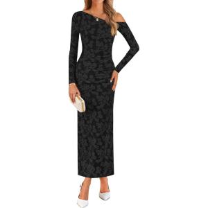 ZESICA Women’s Fall Floral Off Shoulder Bodycon Maxi Dresses 2026 Long Sleeve Ruched Elegant Cocktail Party Dress(Black)
