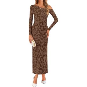 ZESICA Women’s Fall Floral Off Shoulder Bodycon Maxi Dresses 2026 Long Sleeve Ruched Elegant Cocktail Party Dress(Brown)