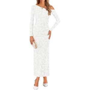 ZESICA Women’s Fall Floral Off Shoulder Bodycon Maxi Dresses 2026 Long Sleeve Ruched Elegant Cocktail Party Dress(White)