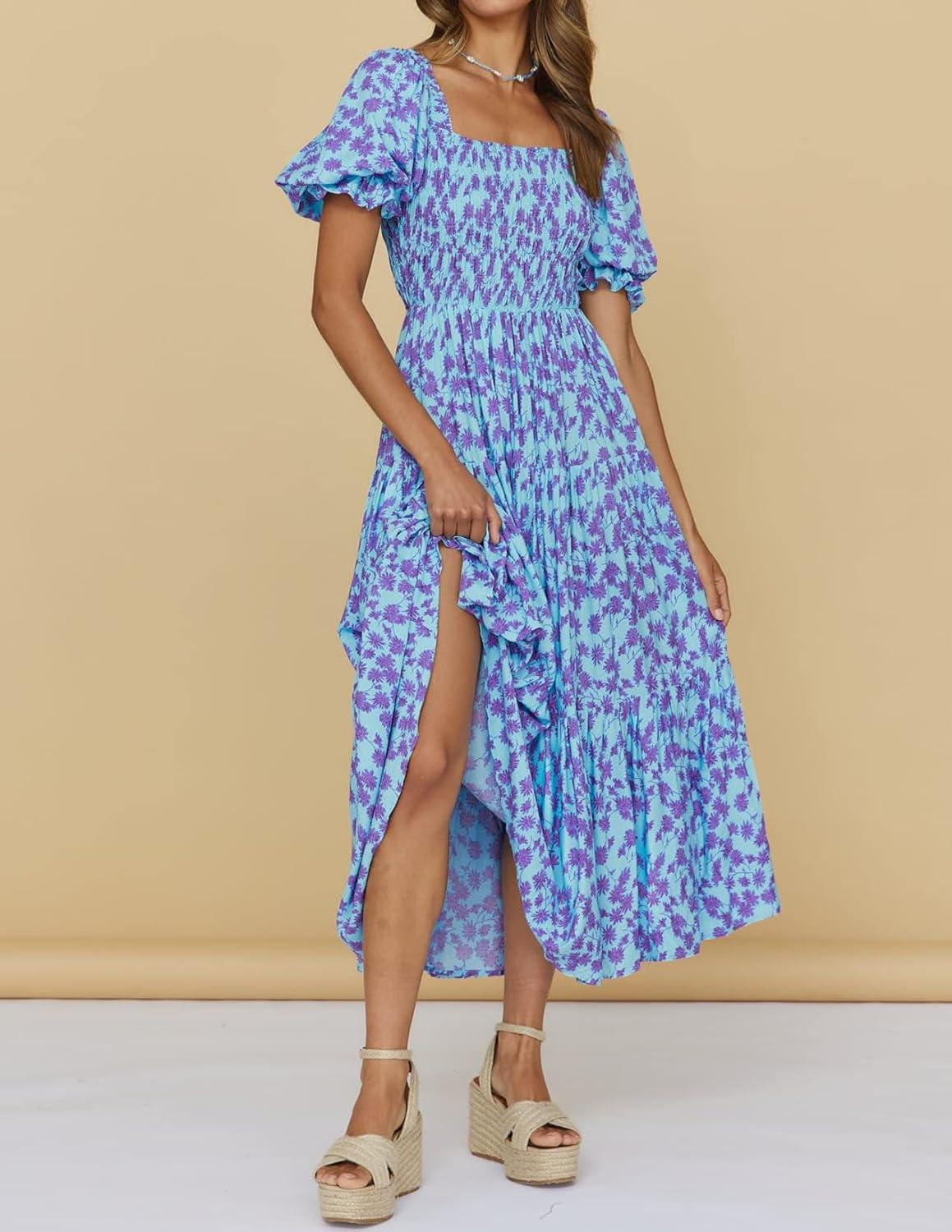 imageZESICA Womens 2026 Summer Boho Floral Print Square Neck Ruffle Swing Beach Long Maxi DressBluishviolet