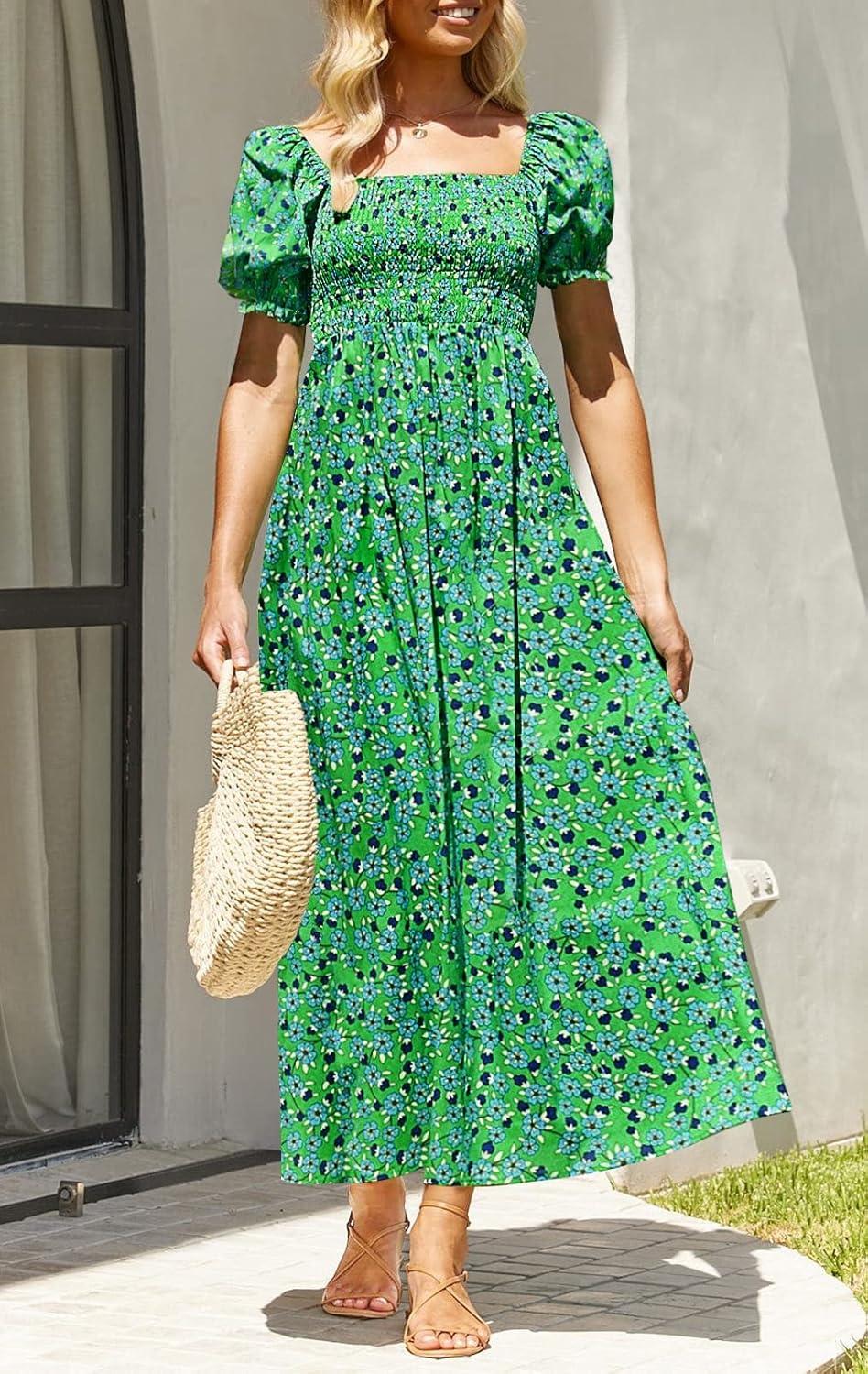 imageZESICA Womens 2026 Summer Boho Floral Print Square Neck Ruffle Swing Beach Long Maxi DressGrassgreen