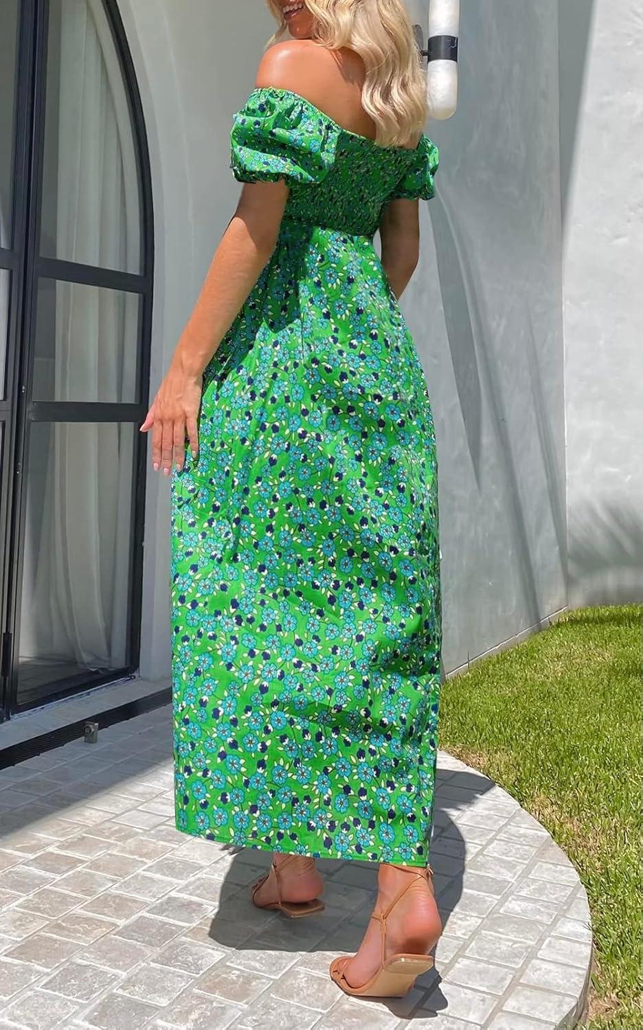imageZESICA Womens 2026 Summer Boho Floral Print Square Neck Ruffle Swing Beach Long Maxi DressGrassgreen