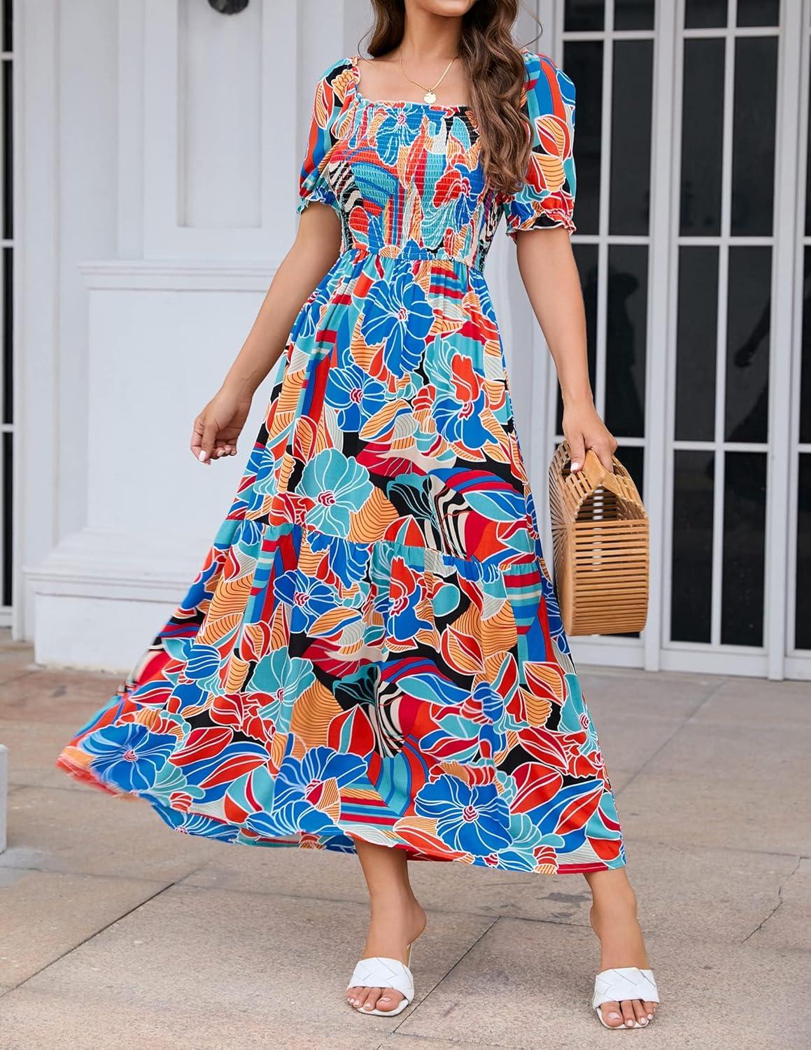 imageZESICA Womens 2026 Summer Boho Floral Print Square Neck Ruffle Swing Beach Long Maxi DressGreenblue