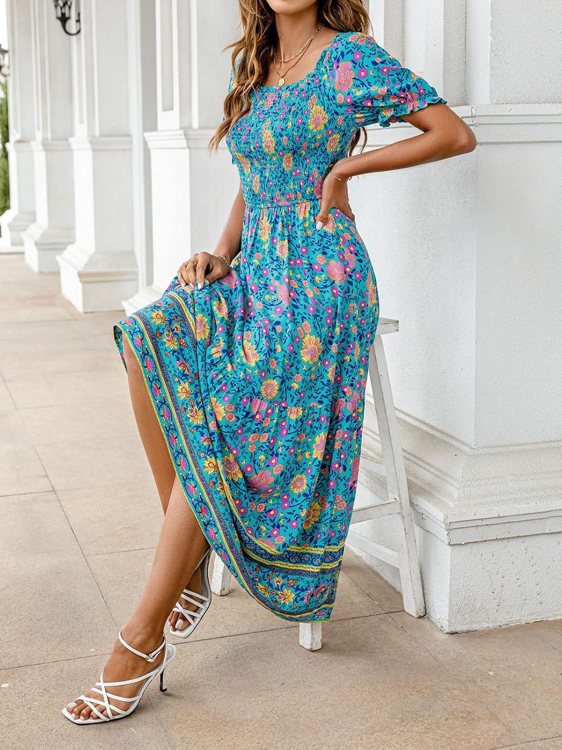 imageZESICA Womens 2026 Summer Boho Floral Print Square Neck Ruffle Swing Beach Long Maxi DressLightgreen