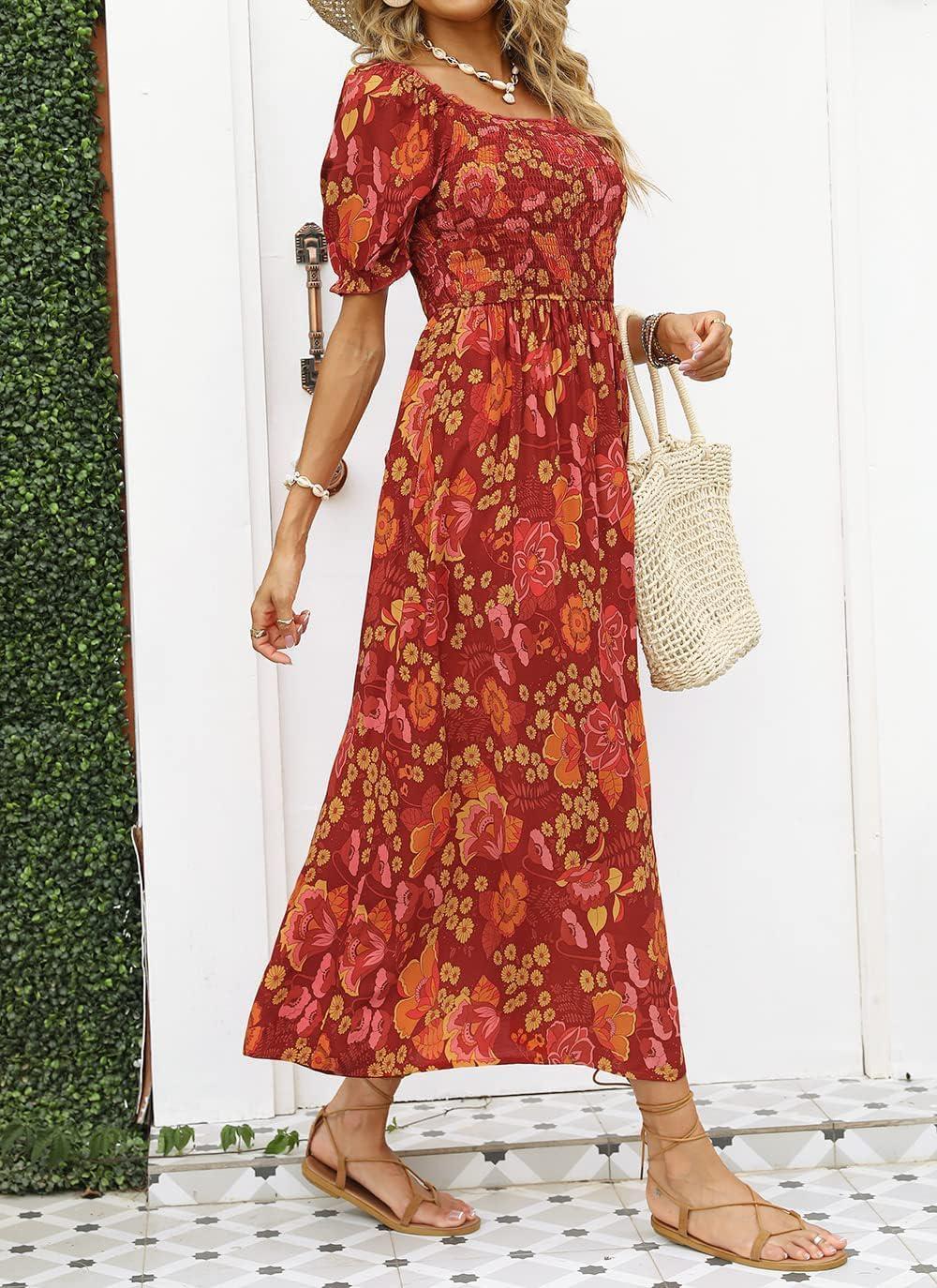 imageZESICA Womens 2026 Summer Boho Floral Print Square Neck Ruffle Swing Beach Long Maxi DressOrangeRed