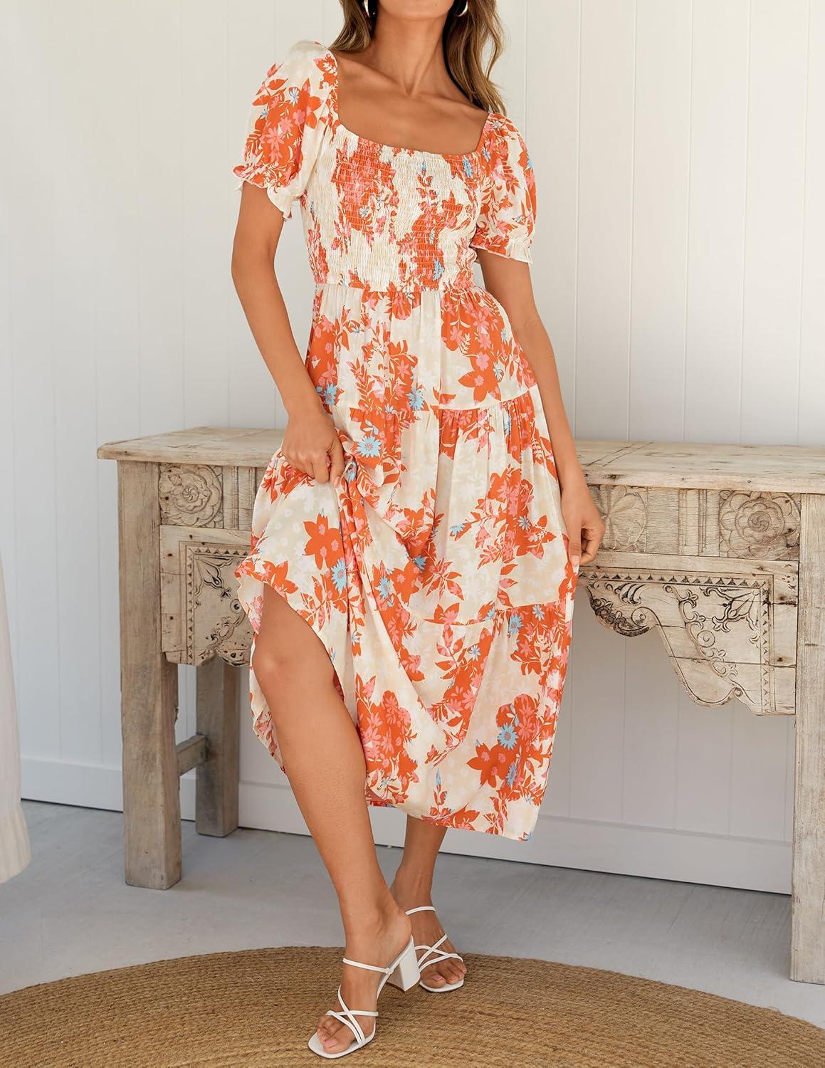 imageZESICA Womens 2026 Summer Boho Floral Print Square Neck Ruffle Swing Beach Long Maxi DressTangerine