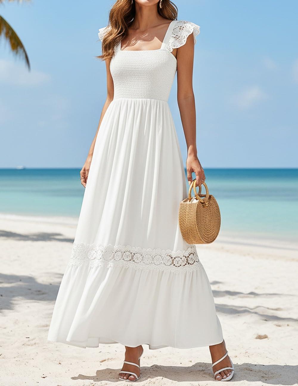 imageZESICA Womens 2026 Summer Lace Strap Sleeveless Square Neck Smocked High Waist Ruffle Hollow Out Flowy A Line Maxi Dress
