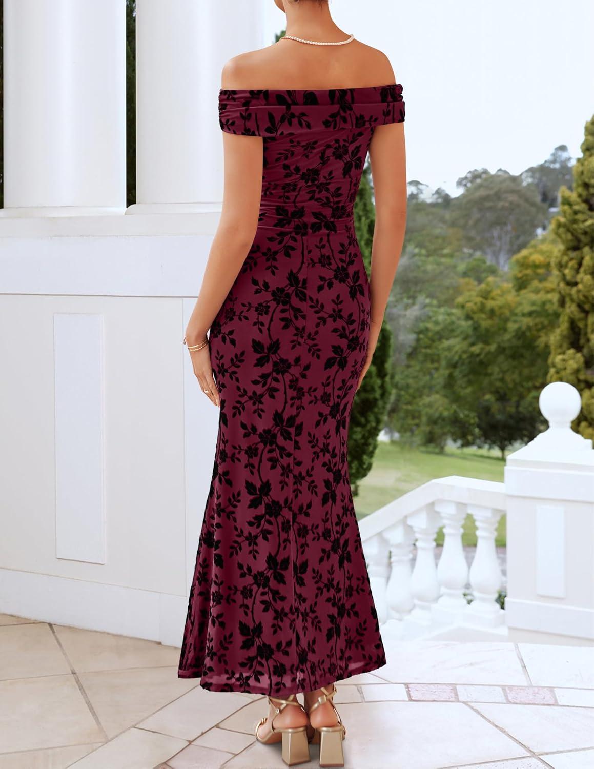 imageZESICA Womens Summer Off Shoulder Floral Bodycon Maxi Dress 2026 Ruched Elegant Formal Cocktail Wedding Guest Long DressesBurgundy