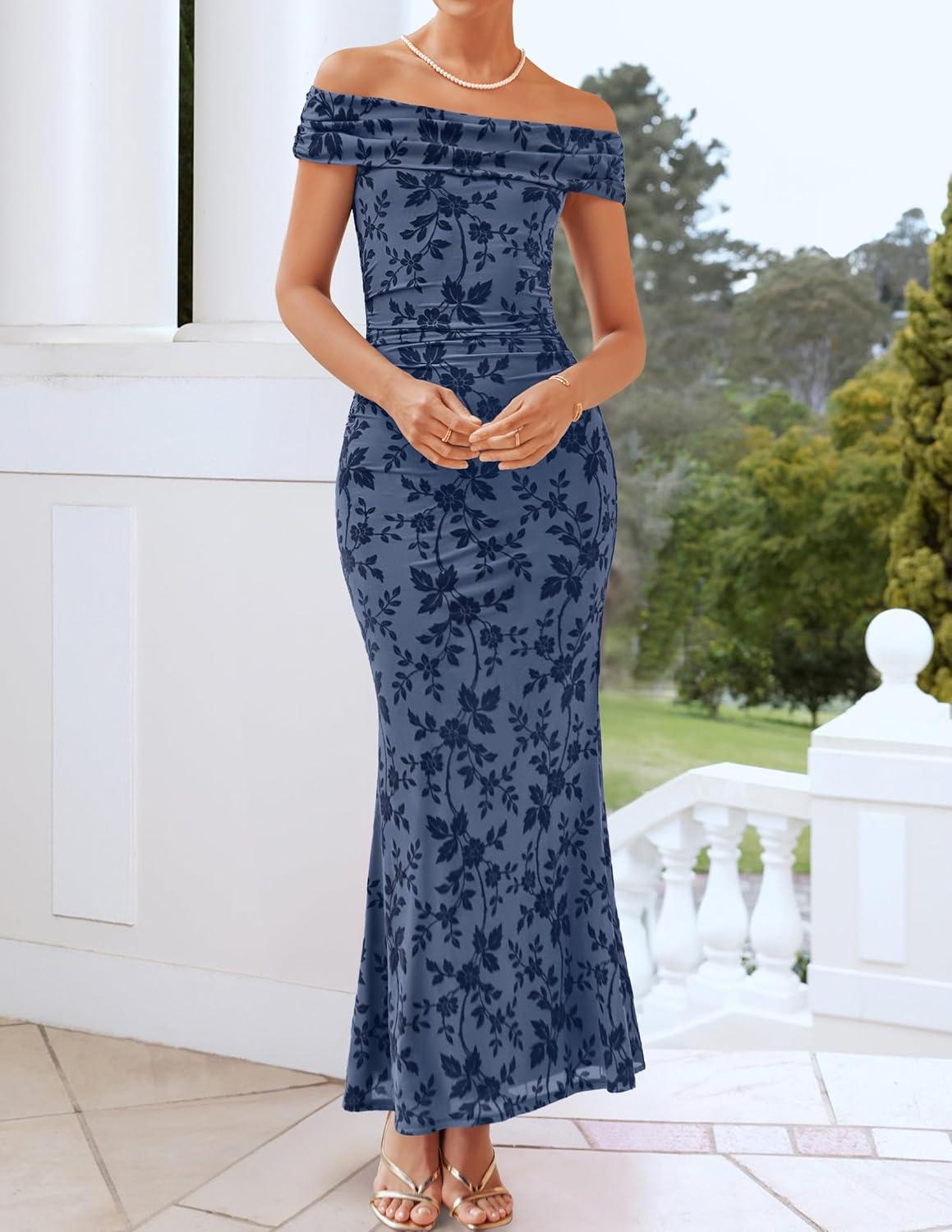 imageZESICA Womens Summer Off Shoulder Floral Bodycon Maxi Dress 2026 Ruched Elegant Formal Cocktail Wedding Guest Long DressesDusty Blue