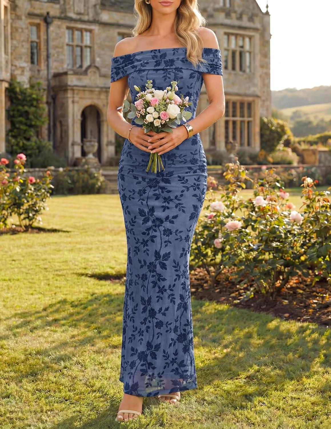 imageZESICA Womens Summer Off Shoulder Floral Bodycon Maxi Dress 2026 Ruched Elegant Formal Cocktail Wedding Guest Long DressesDusty Blue