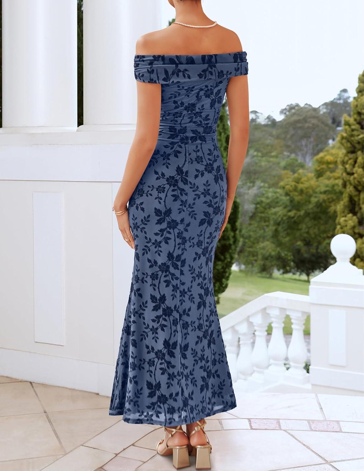 imageZESICA Womens Summer Off Shoulder Floral Bodycon Maxi Dress 2026 Ruched Elegant Formal Cocktail Wedding Guest Long DressesDusty Blue