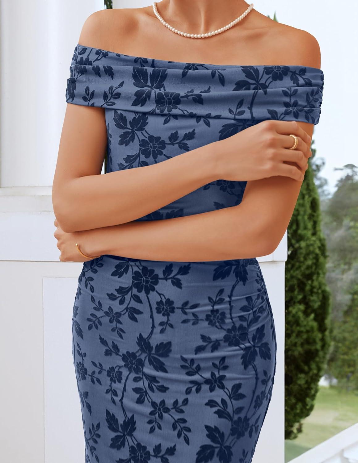 imageZESICA Womens Summer Off Shoulder Floral Bodycon Maxi Dress 2026 Ruched Elegant Formal Cocktail Wedding Guest Long DressesDusty Blue
