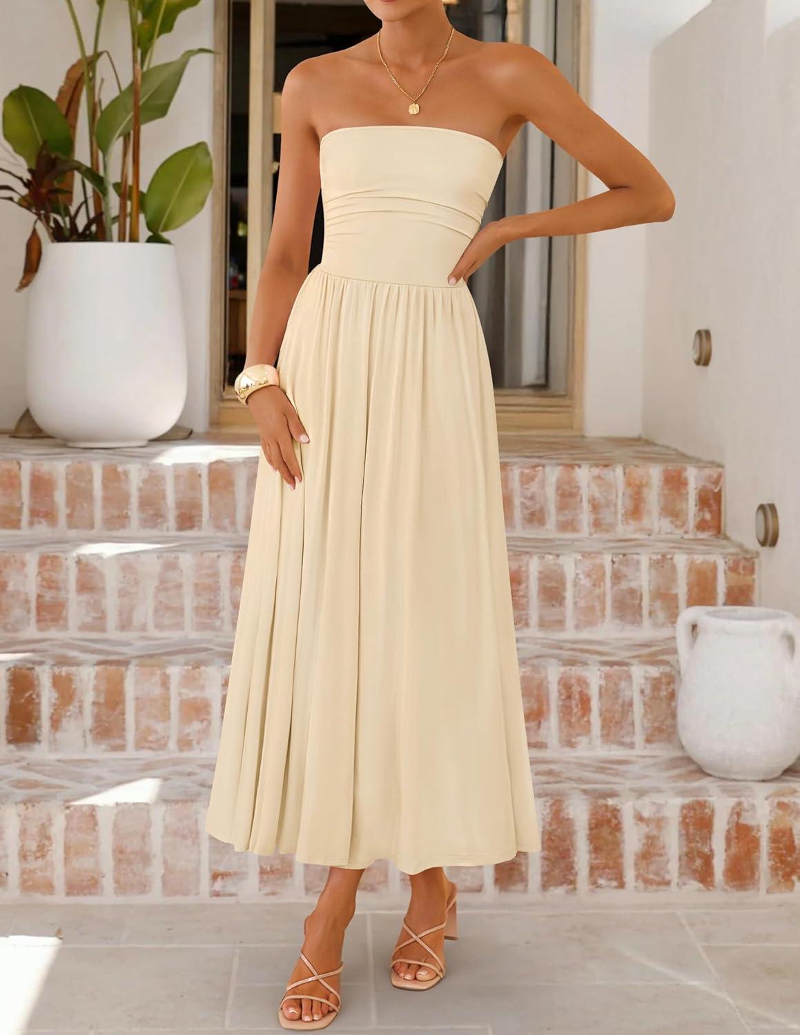 imageZESICA Womens Summer Sleeveless Midi Dress 2026 Strapless Ruched A Line Flowy Wedding Guest Party Beach Long DressesApricot