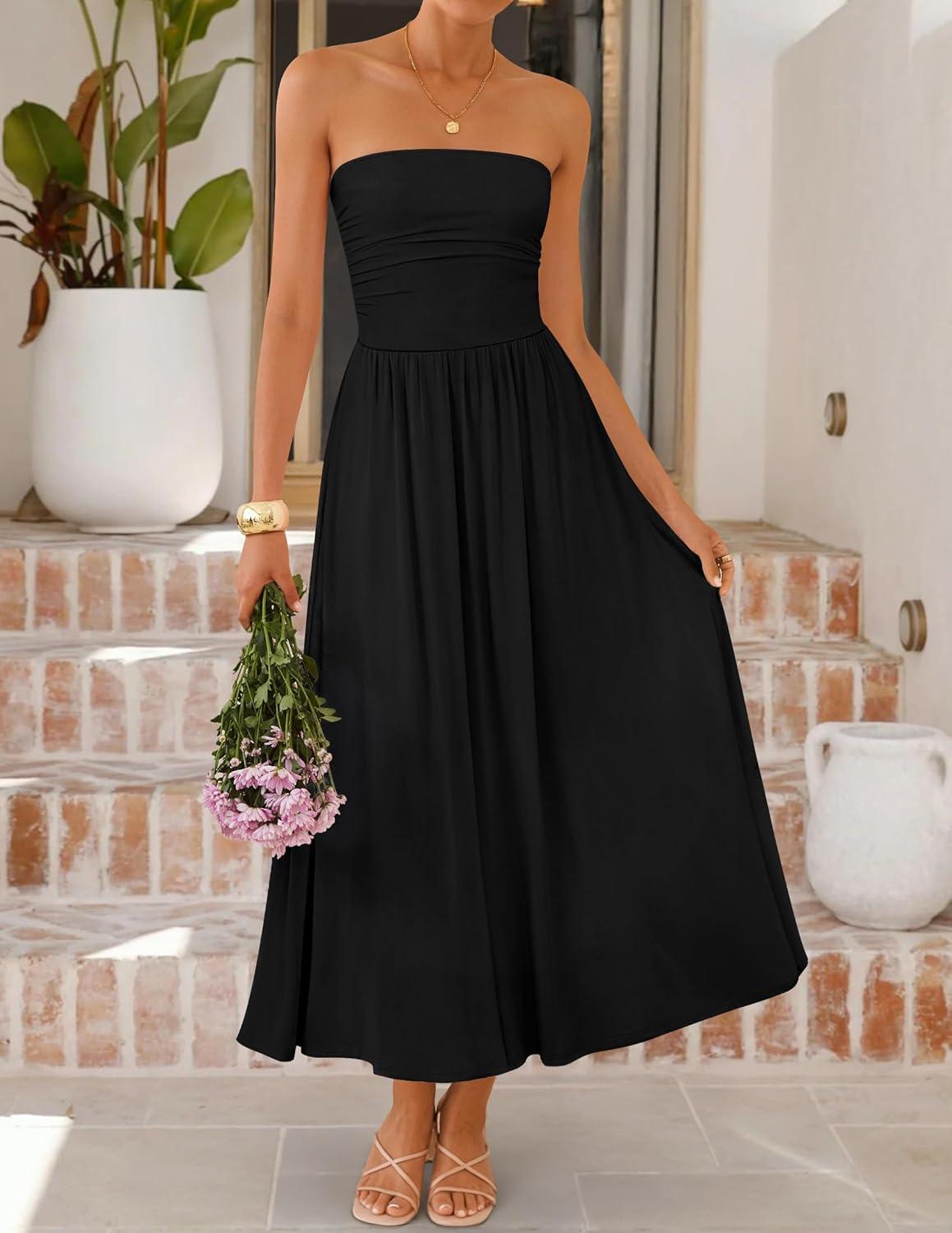 imageZESICA Womens Summer Sleeveless Midi Dress 2026 Strapless Ruched A Line Flowy Wedding Guest Party Beach Long DressesBlack