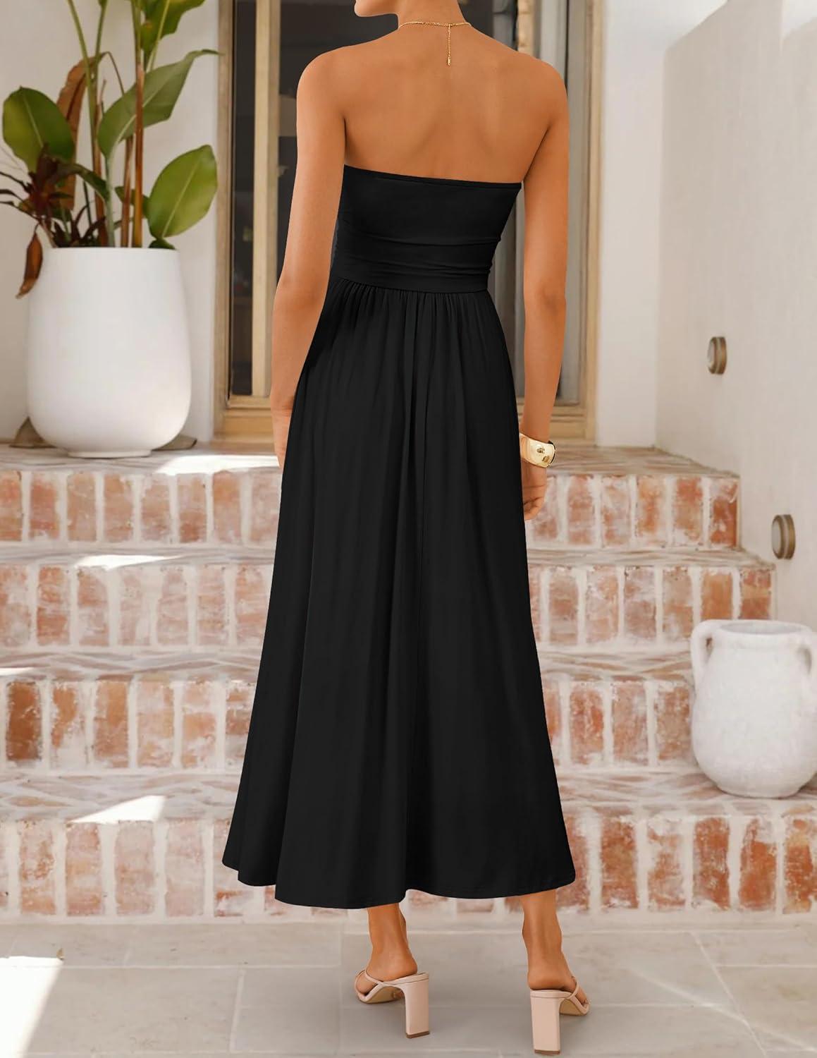imageZESICA Womens Summer Sleeveless Midi Dress 2026 Strapless Ruched A Line Flowy Wedding Guest Party Beach Long DressesBlack