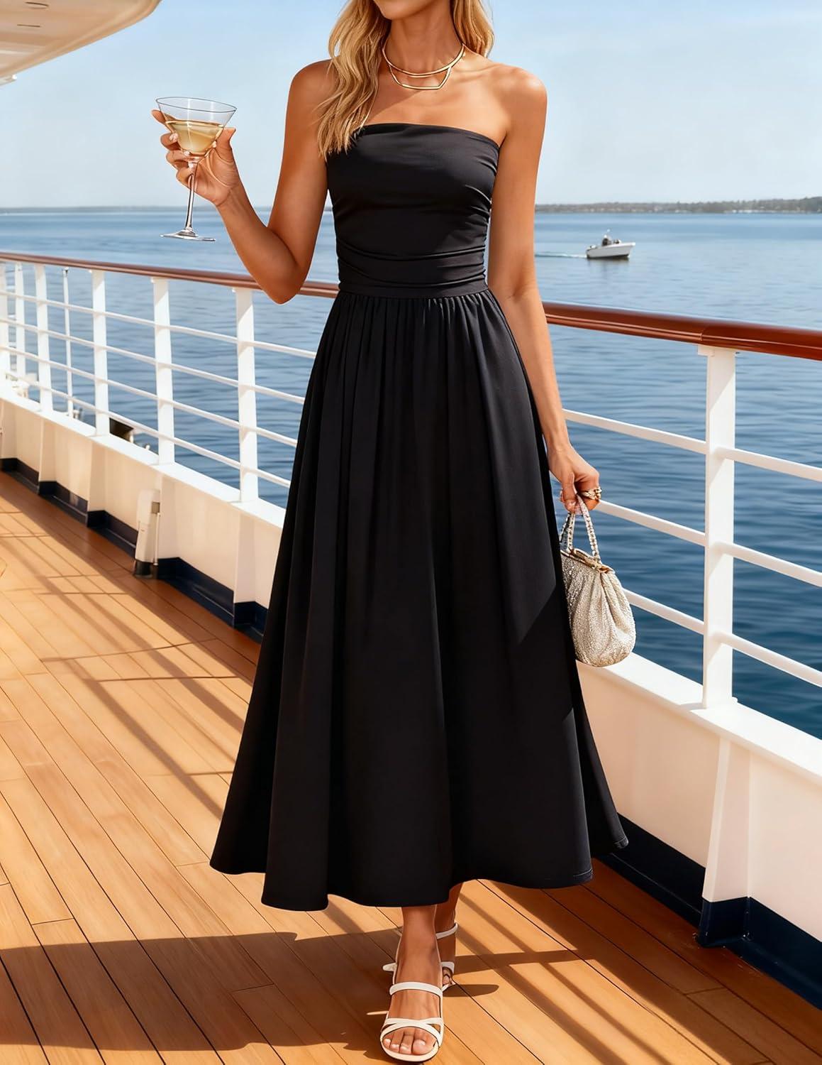 imageZESICA Womens Summer Sleeveless Midi Dress 2026 Strapless Ruched A Line Flowy Wedding Guest Party Beach Long DressesBlack