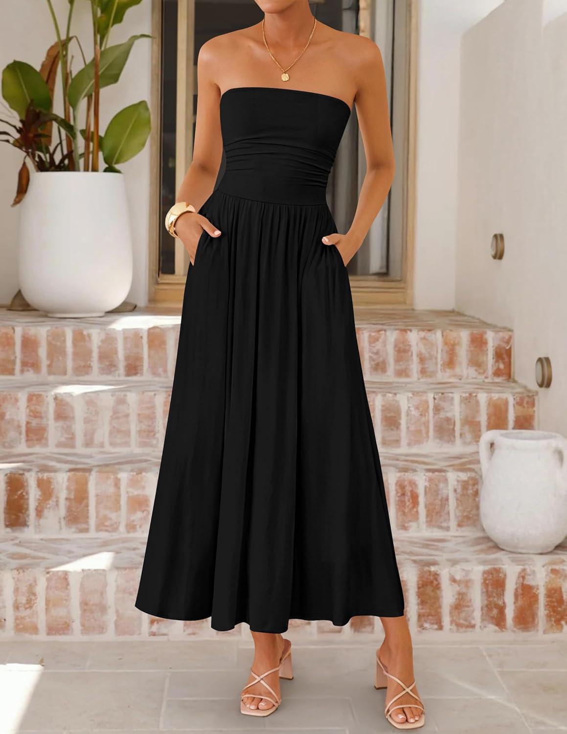 imageZESICA Womens Summer Sleeveless Midi Dress 2026 Strapless Ruched A Line Flowy Wedding Guest Party Beach Long DressesBlack